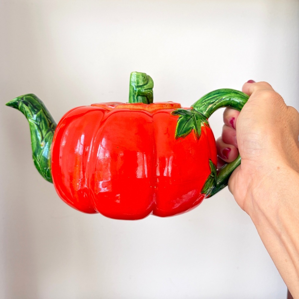 Vintage Made in Japan Red Ceramic Pumpkin Teapot Hand Painted Green Stem